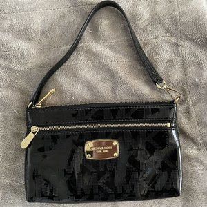 Michael Kors Wristlet PVC Patent Leather Gold Logo Zip Monogram, Mini Purse